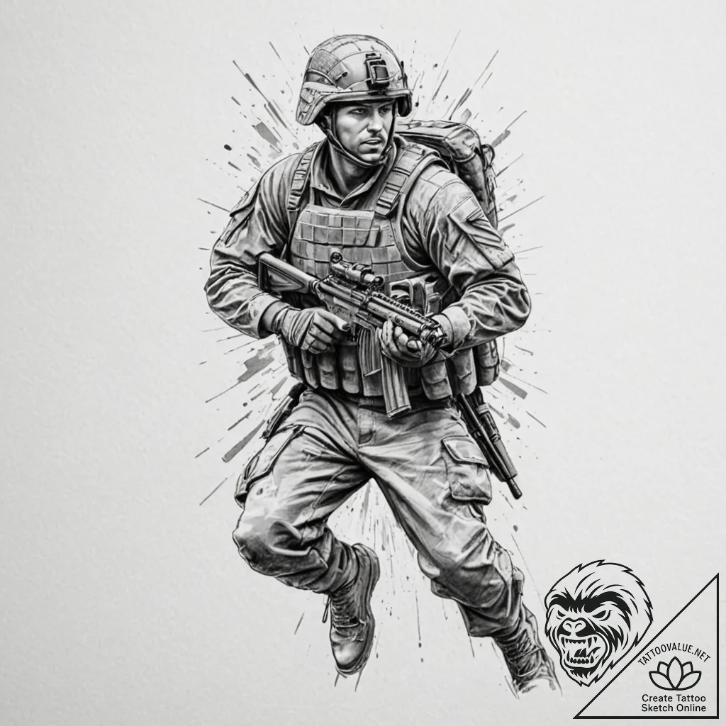 Tattoo design a dynamic image of a soldier or... - tattoo sketch (№1752920853_0, 19.07.2025 10:27) — tattoovalue.net