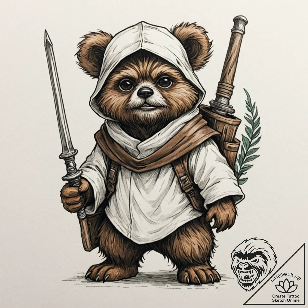 Neo-traditional tattoo of an ewok, fierce but... - tattoo sketch (№1752921431_0, 19.07.2025 10:37) — tattoovalue.net