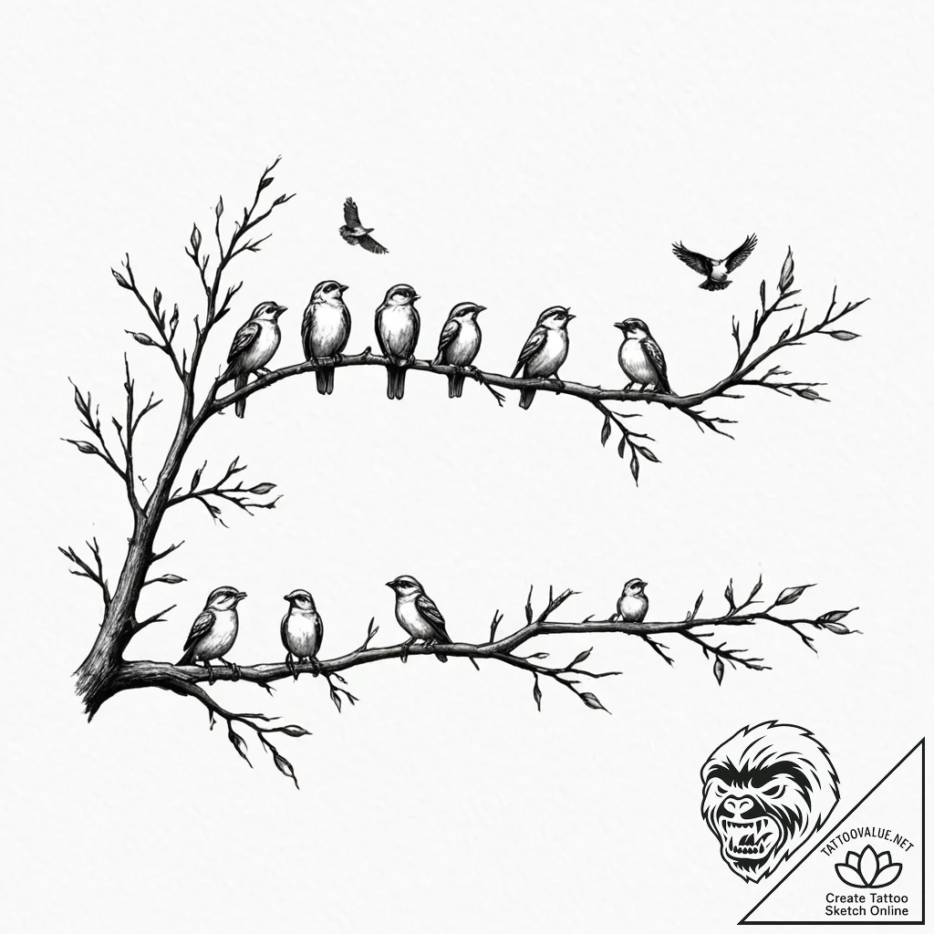 Tattoo sketch a family of birds perched on a... - tattoo sketch (№1752923331_0, 19.07.2025 11:08) — tattoovalue.net