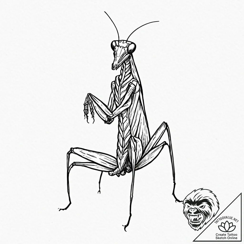 Praying mantis, tattoo drawing outline, black... - tattoo sketch (№1752923664_0, 19.07.2025 11:14) — tattoovalue.net
