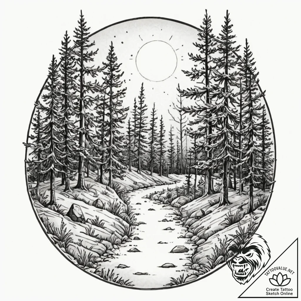 Tattoo design a tranquil forest path leading... - tattoo sketch (№1752924164_0, 19.07.2025 11:22) — tattoovalue.net