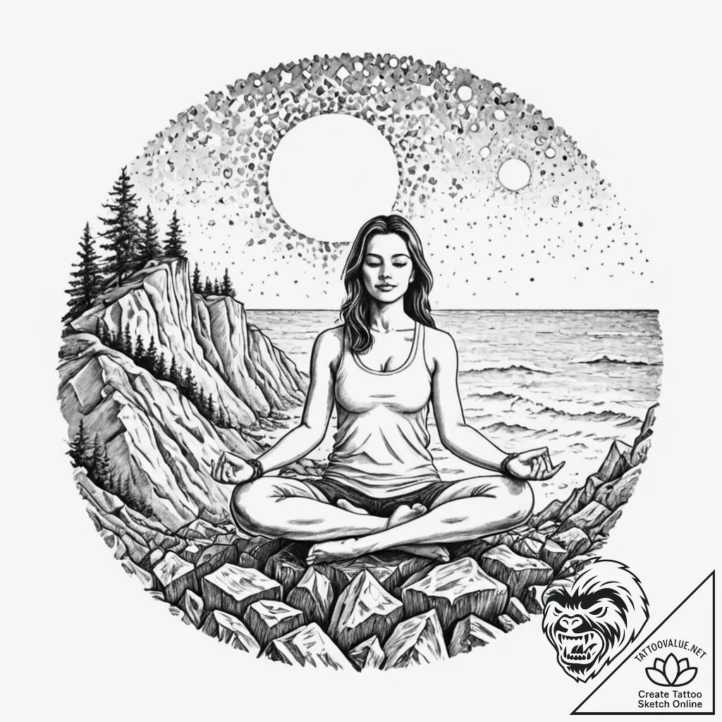 A serene photo of a yoga instructor meditatin... - tattoo sketch (№1752926934_0, 19.07.2025 12:08) — tattoovalue.net