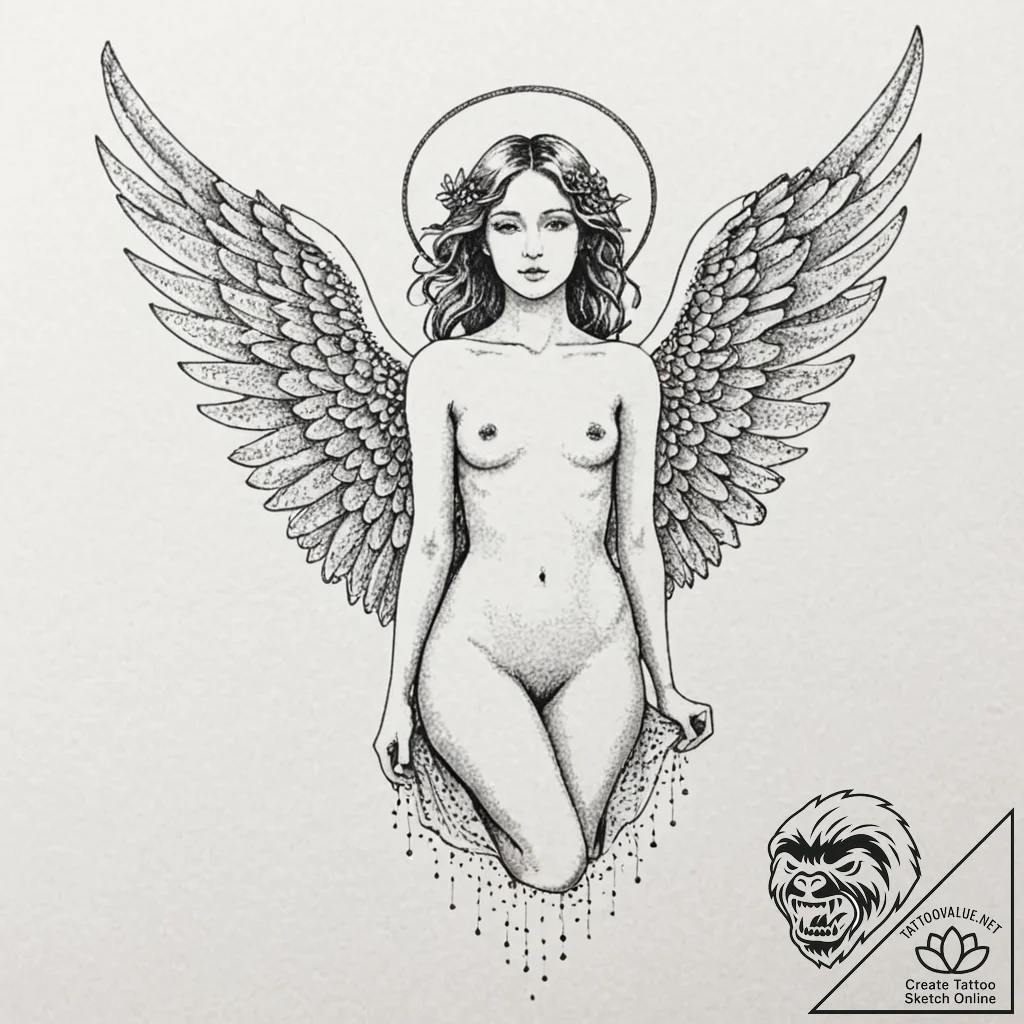 Angel, tattoo line art, vibrant colors, full... - tattoo sketch (№1752927168_0, 19.07.2025 12:12) — tattoovalue.net