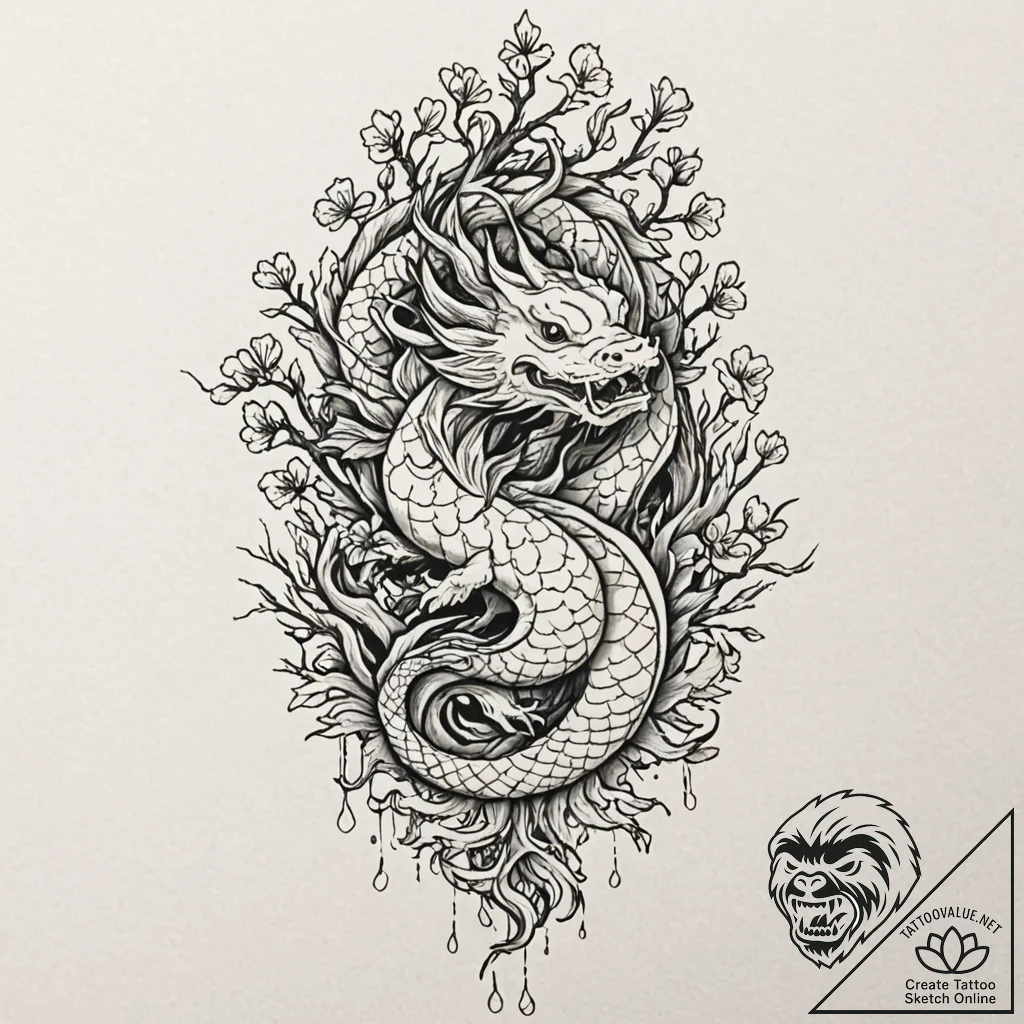 Tattoo sketch a gnarled, ancient oak tree wit... - tattoo sketch (№1752928236_0, 19.07.2025 12:30) — tattoovalue.net