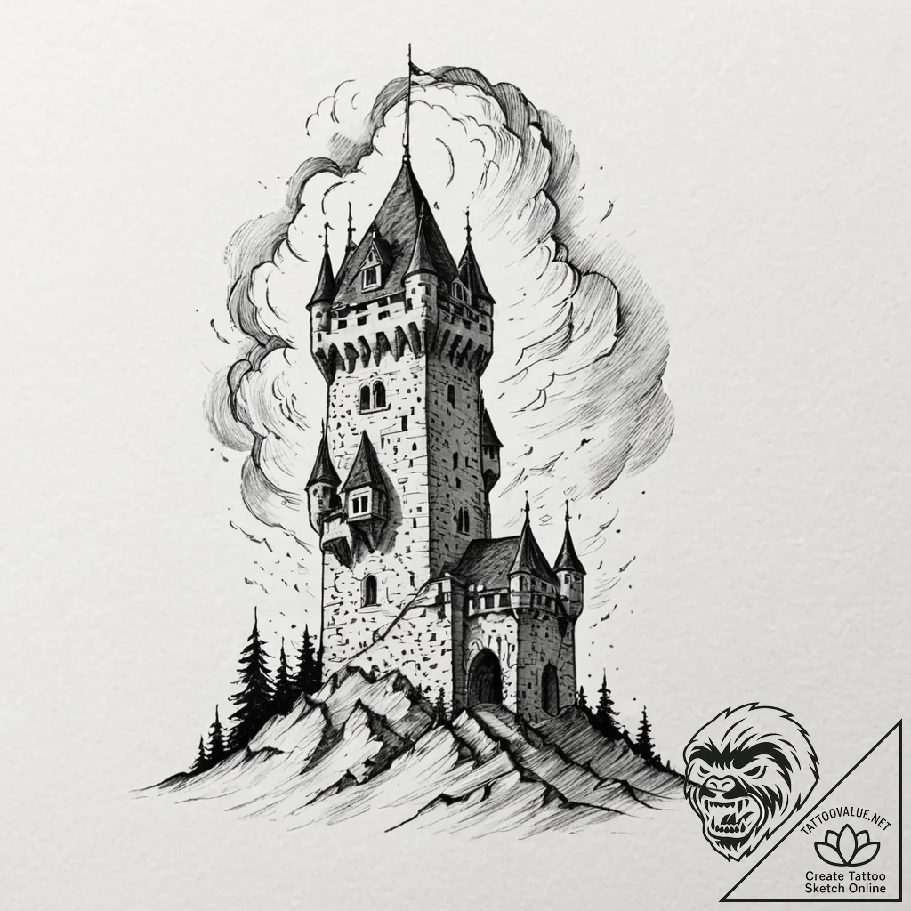 Tattoo sketch a sturdy castle tower standing... - tattoo sketch (№1752929156_0, 19.07.2025 12:45) — tattoovalue.net