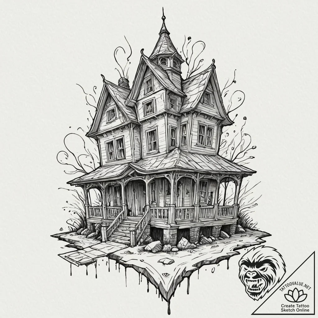 A linework tattoo of the strange house from s... - tattoo sketch (№1752929232_0, 19.07.2025 12:47) — tattoovalue.net