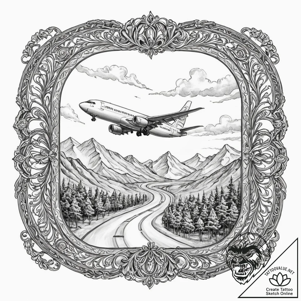 The view of a runway from an airplane's windo... - tattoo sketch (№1752929767_0, 19.07.2025 12:56) — tattoovalue.net