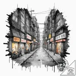 The neon-lit, cyberpunk-esque streets of a fu… – tattoo sketch (№1752930149_0, 19.07.2025 13:02) — tattoovalue.net