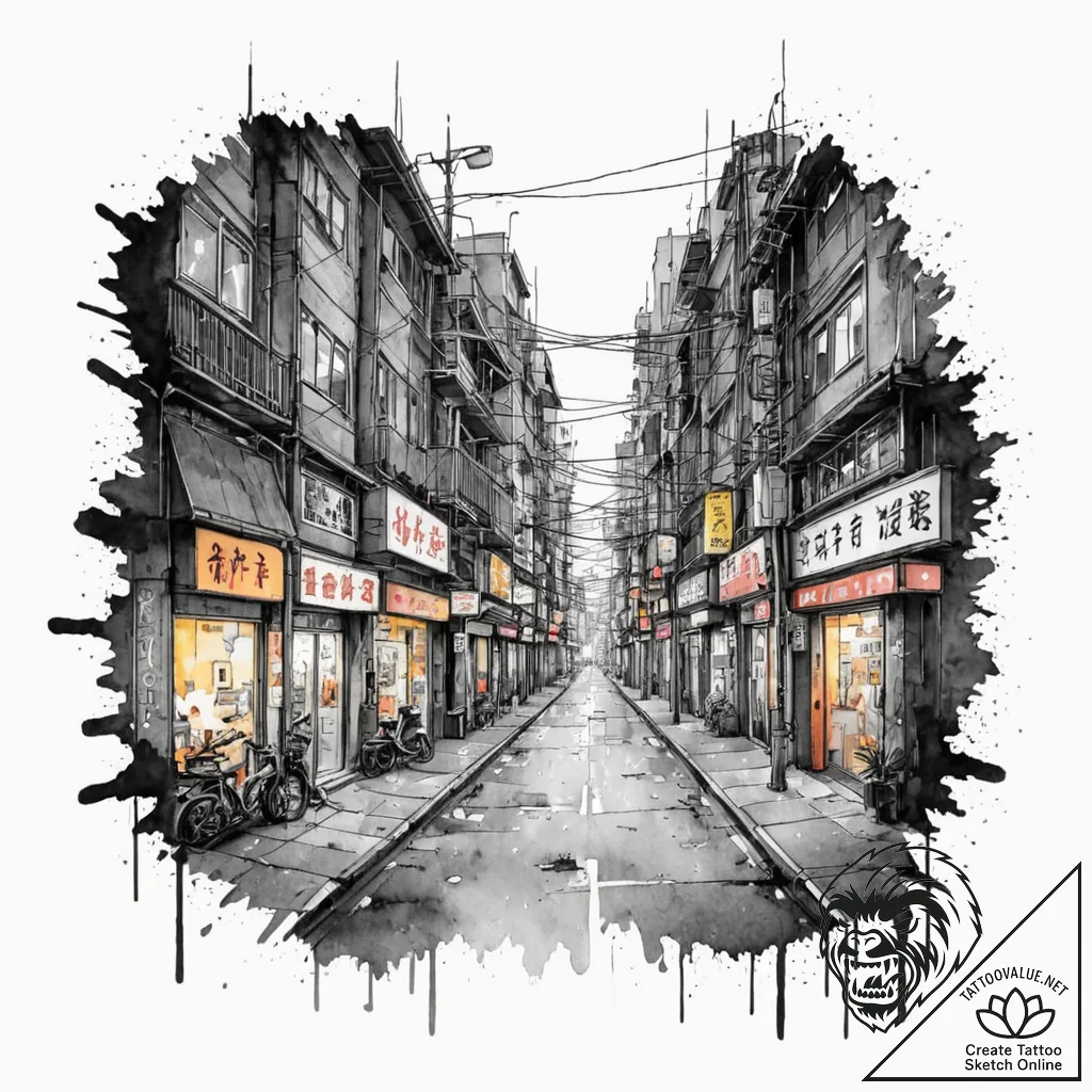 The neon-lit, cyberpunk-esque streets of a fu... - tattoo sketch (№1752930149_0, 19.07.2025 13:02) — tattoovalue.net