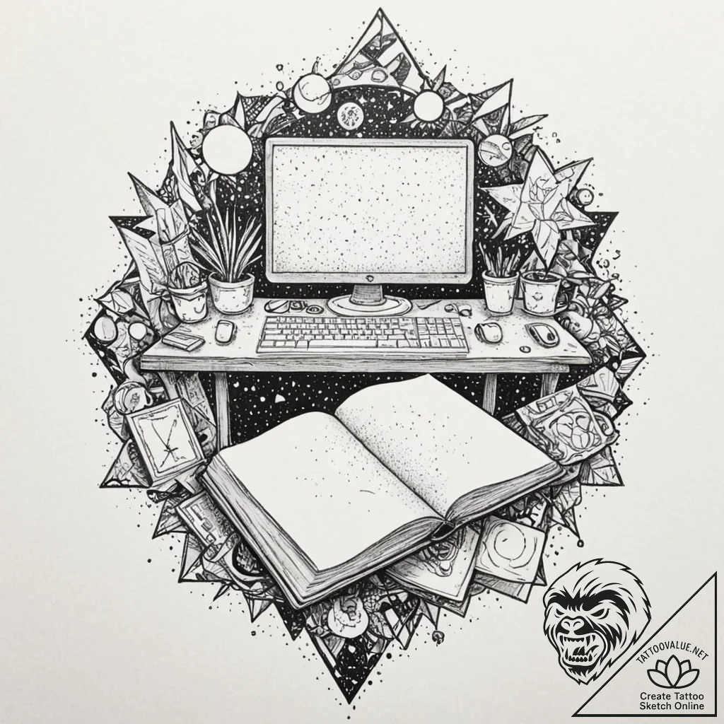 The cluttered desk of a comic book artist., t... - tattoo sketch (№1752930482_0, 19.07.2025 13:08) — tattoovalue.net
