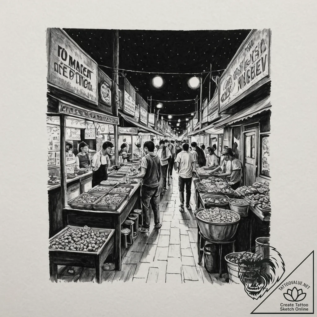 A street food market in mexico city at night.... - tattoo sketch (№1752930564_0, 19.07.2025 13:09) — tattoovalue.net