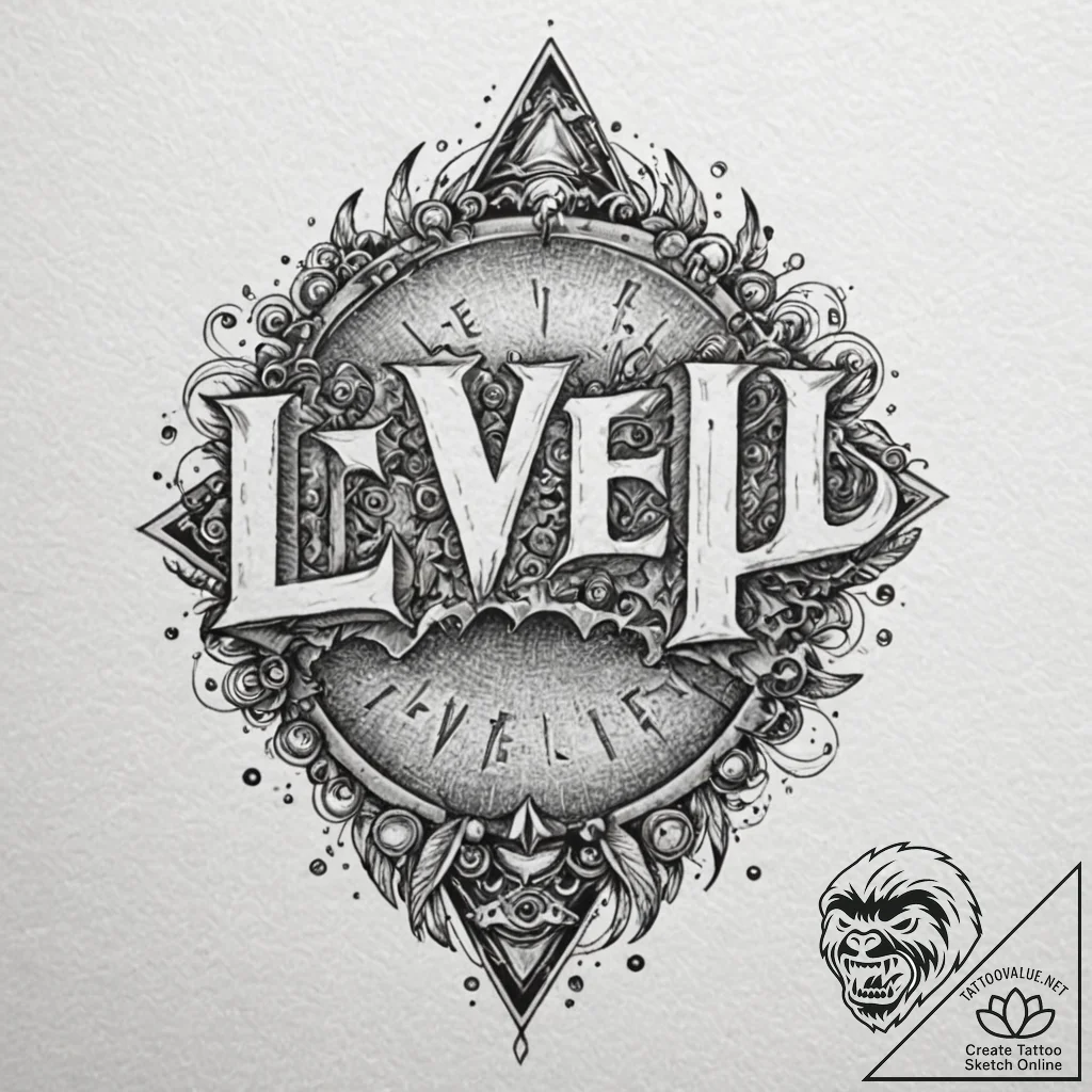 Tattoo sketch 'level up' text in a glowing fu... - tattoo sketch (№1752931413_0, 19.07.2025 13:23) — tattoovalue.net