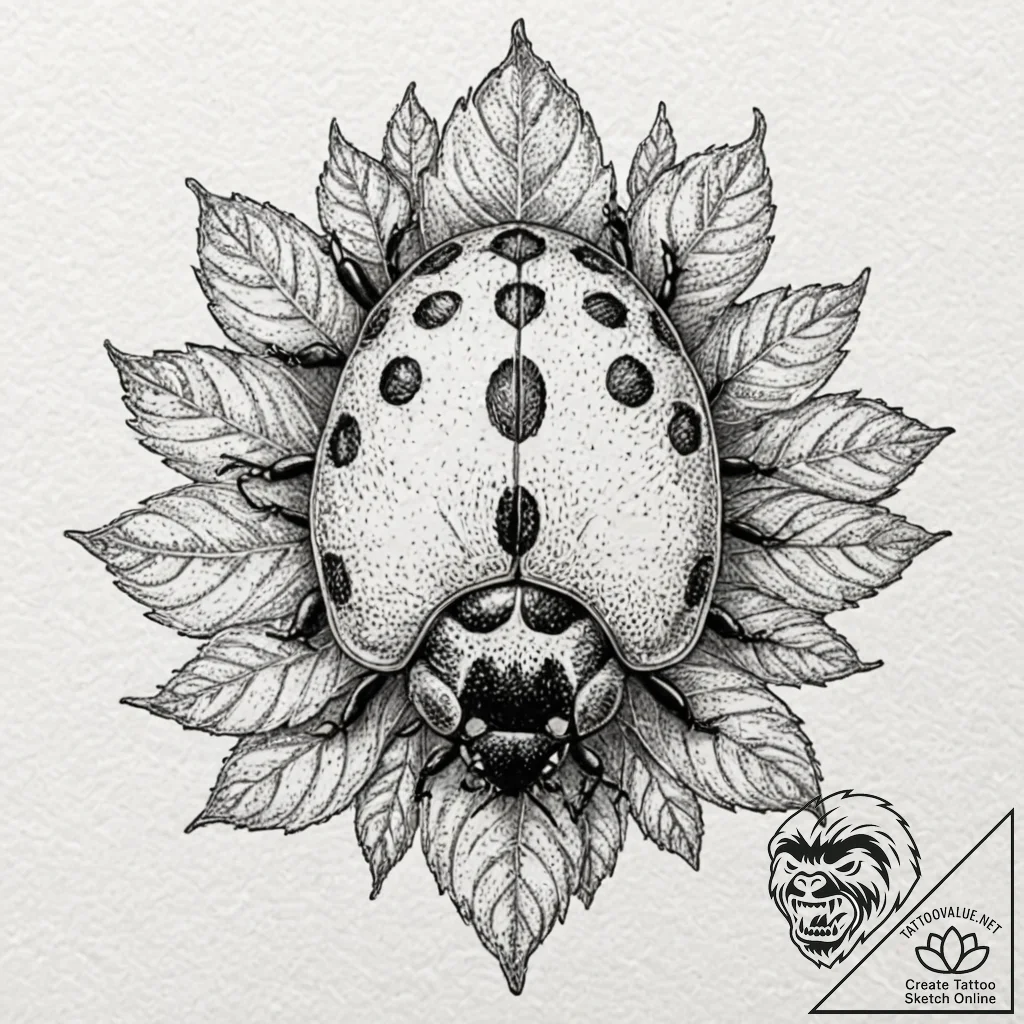 A detailed macro shot of a ladybug on a green... - tattoo sketch (№1752931495_0, 19.07.2025 13:24) — tattoovalue.net