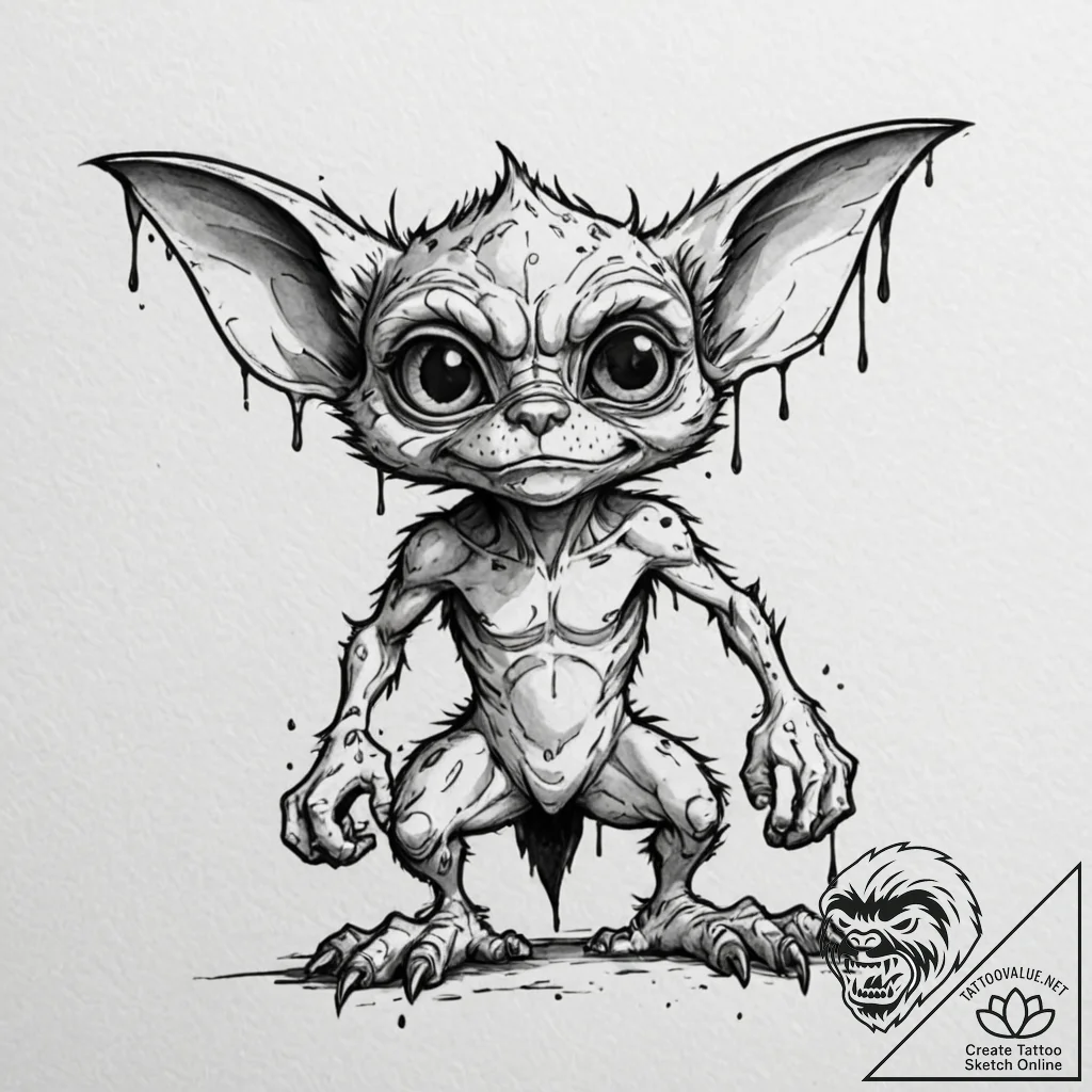 A trash polka tattoo of a gremlin, transformi... - tattoo sketch (№1752931907_0, 19.07.2025 13:31) — tattoovalue.net