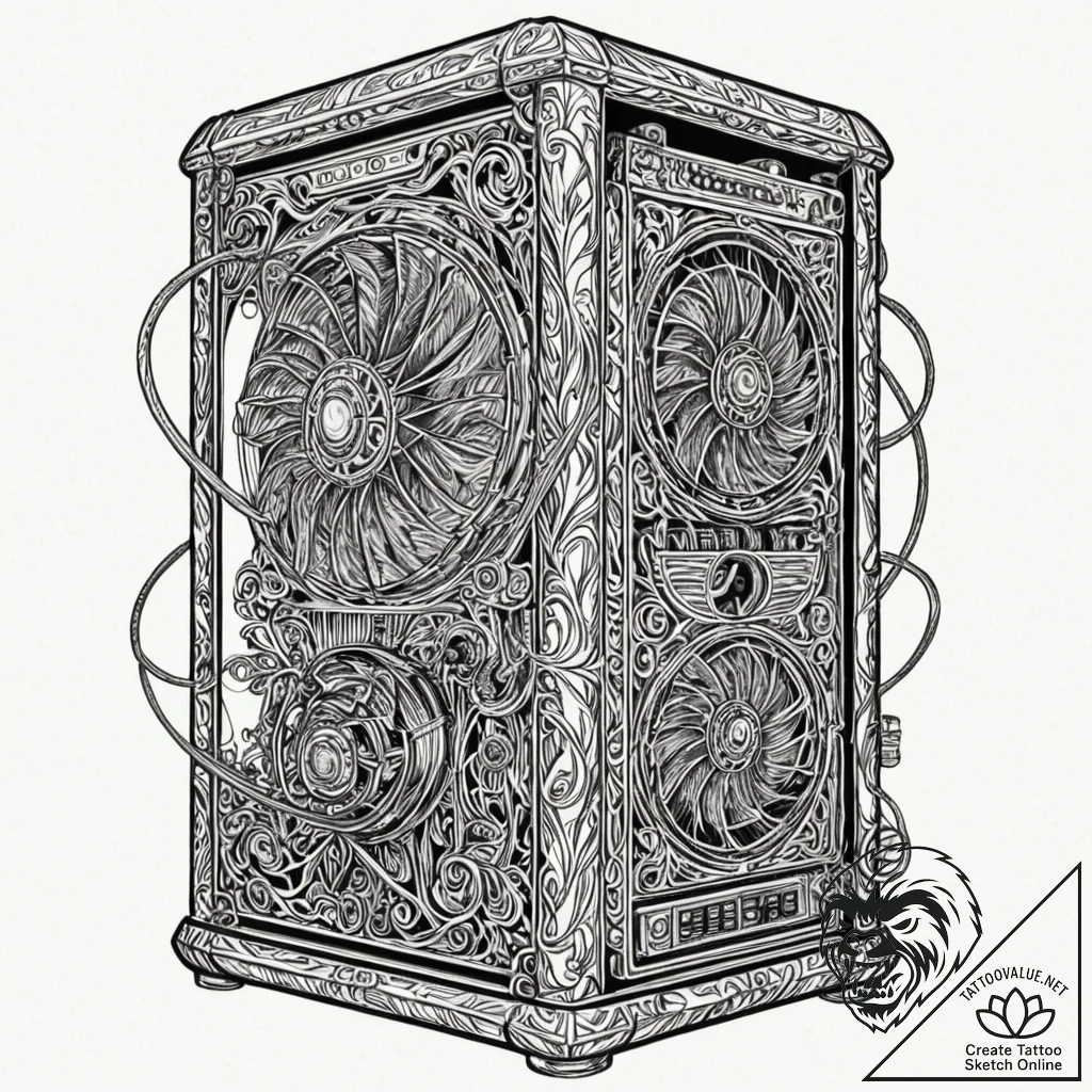 Tattoo sketch a gaming pc tower with glowing... - tattoo sketch (№1752933233_0, 19.07.2025 13:53) — tattoovalue.net