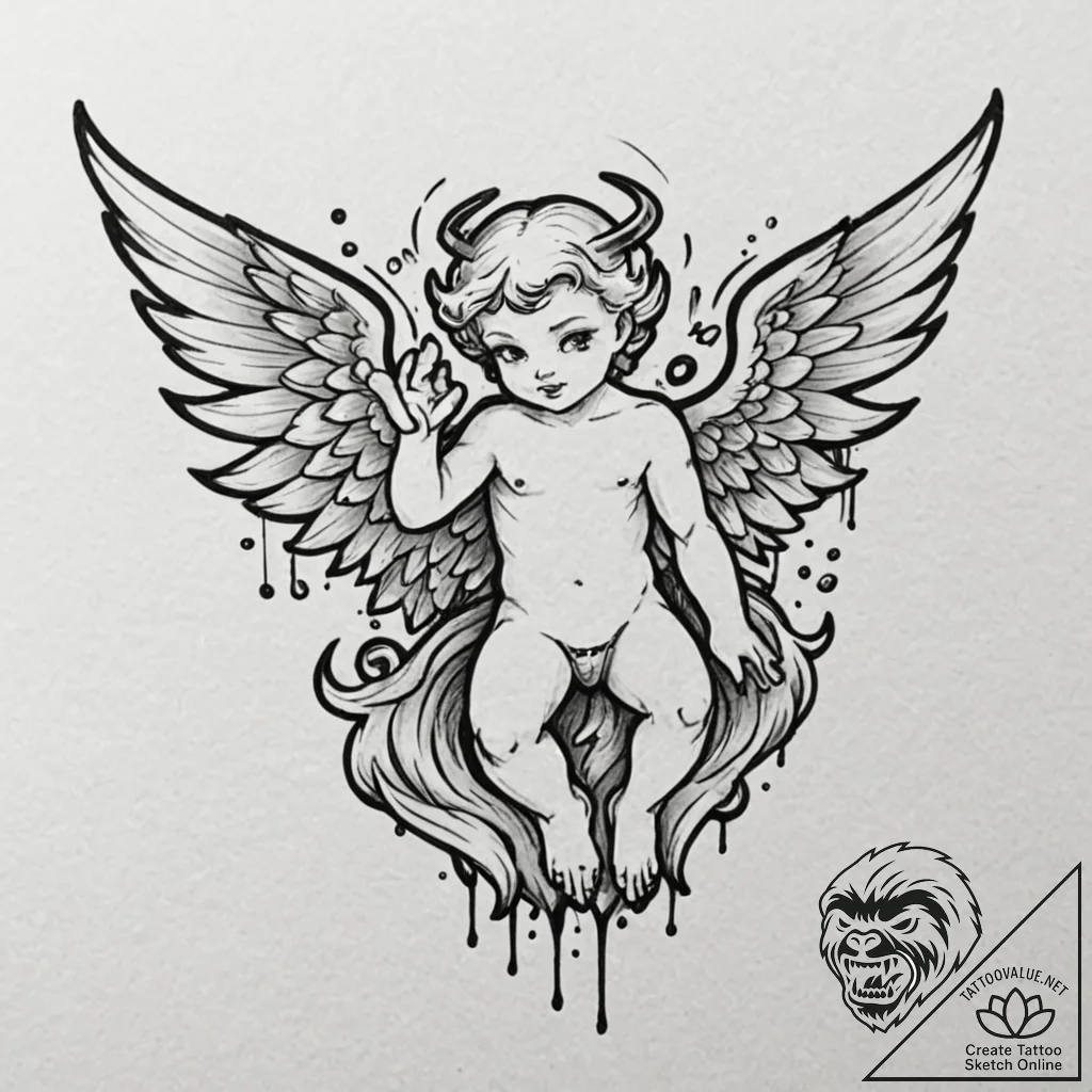 Angel and demon, tattoo drawing outline, blac... - tattoo sketch (№1752934655_0, 19.07.2025 14:17) — tattoovalue.net