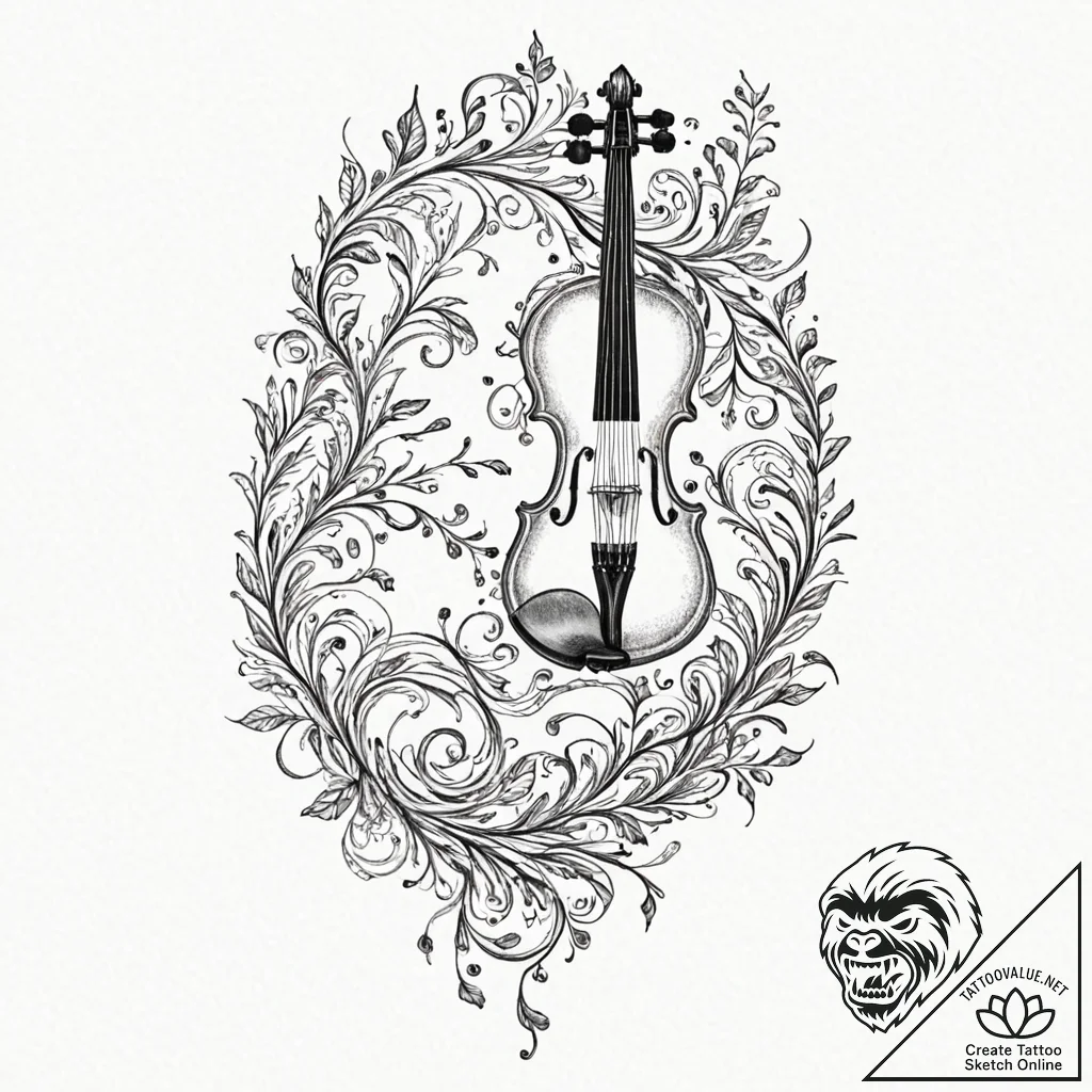 Tattoo sketch a violin whose strings turn int... - tattoo sketch (№1752935070_0, 19.07.2025 14:24) — tattoovalue.net