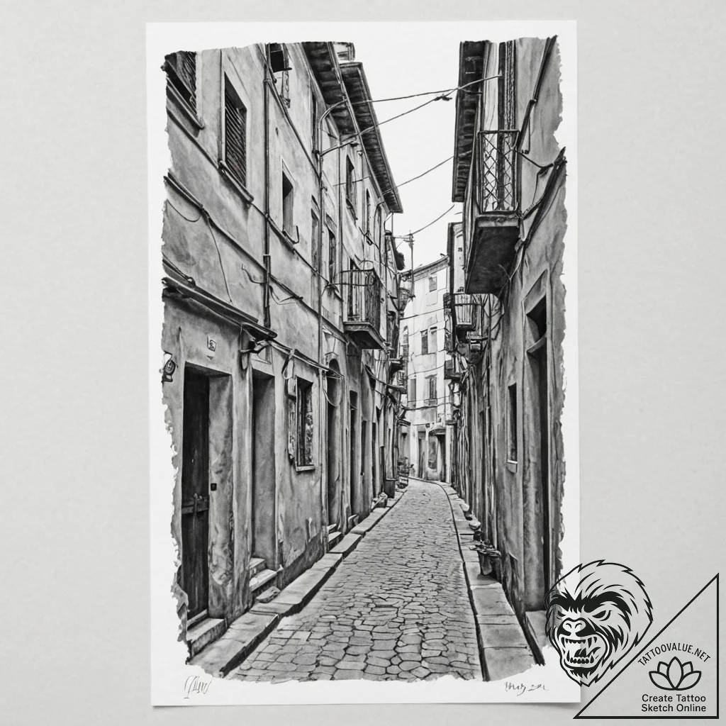 A quiet, forgotten alleyway in naples, italy,... - tattoo sketch (№1752936067_0, 19.07.2025 14:41) — tattoovalue.net