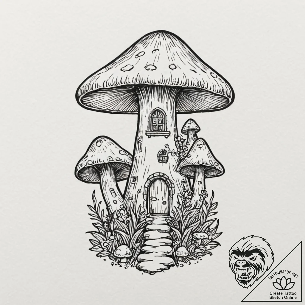 Tattoo design a whimsical mushroom house., ta... - tattoo sketch (№1752938223_0, 19.07.2025 15:17) — tattoovalue.net