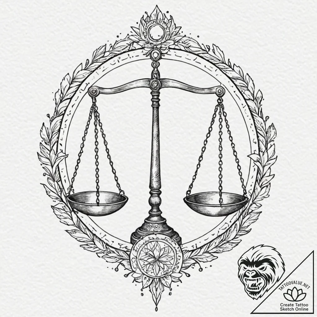 Tattoo sketch libra's scales with the "justic... - tattoo sketch (№1752938969_0, 19.07.2025 15:29) — tattoovalue.net