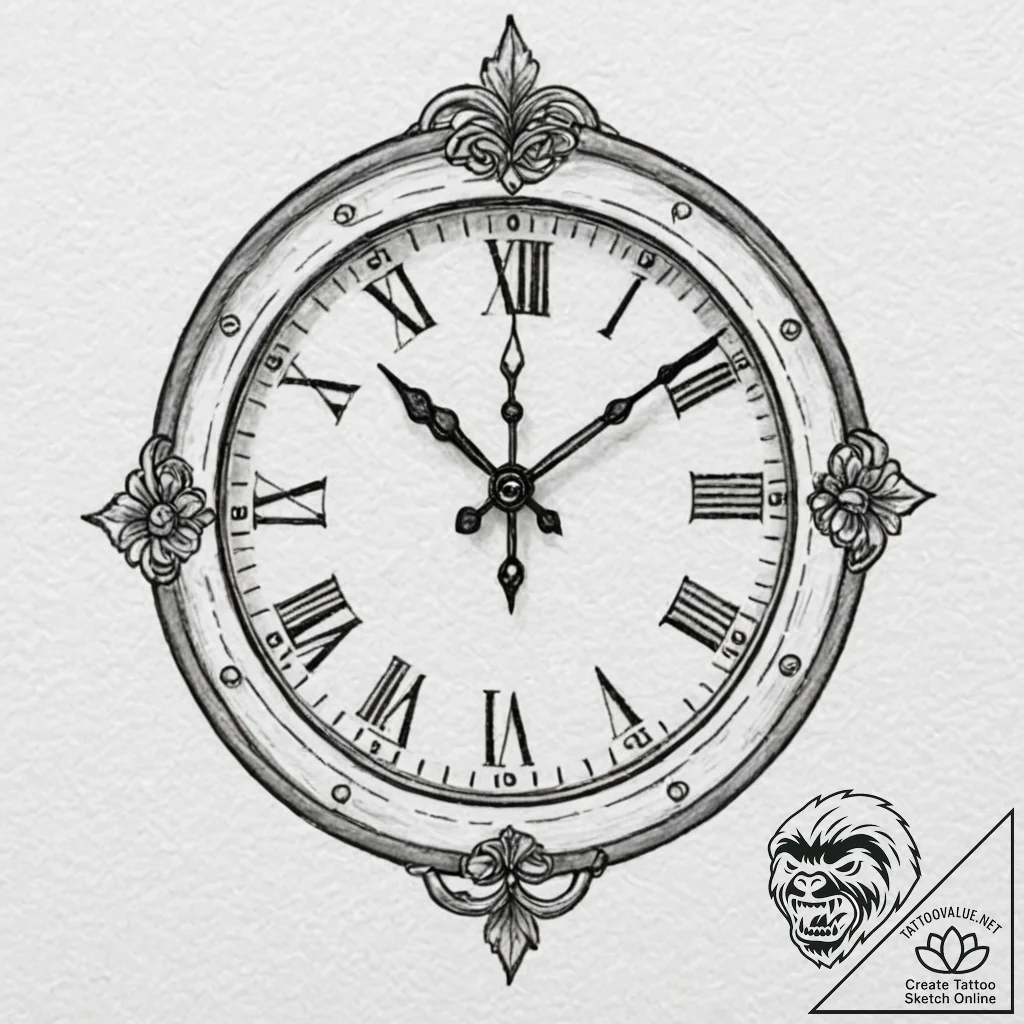 Clock, tattoo sketch design, black and white... - tattoo sketch (№1752947513_0, 19.07.2025 17:51) — tattoovalue.net