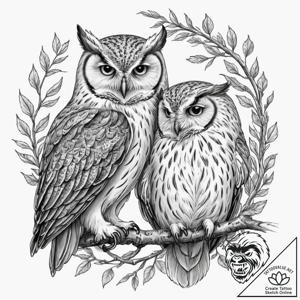 Tattoo sketch a pair of owls, symbolizing wis... - tattoo sketch (№1752947935_0, 19.07.2025 17:58) — tattoovalue.net