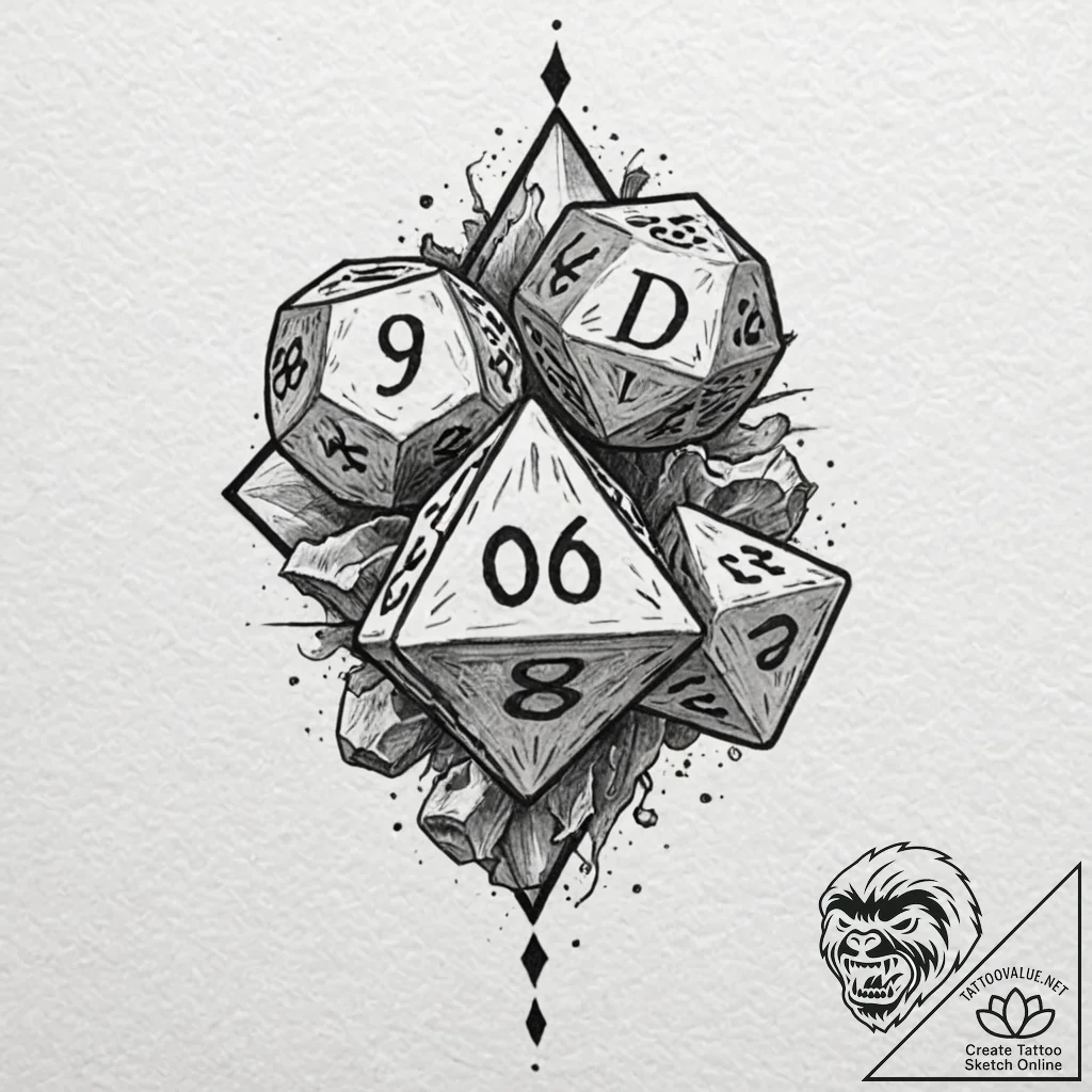 Tattoo sketch a stylized d20 dice rolling mid... - tattoo sketch (№1752950977_0, 19.07.2025 18:49) — tattoovalue.net
