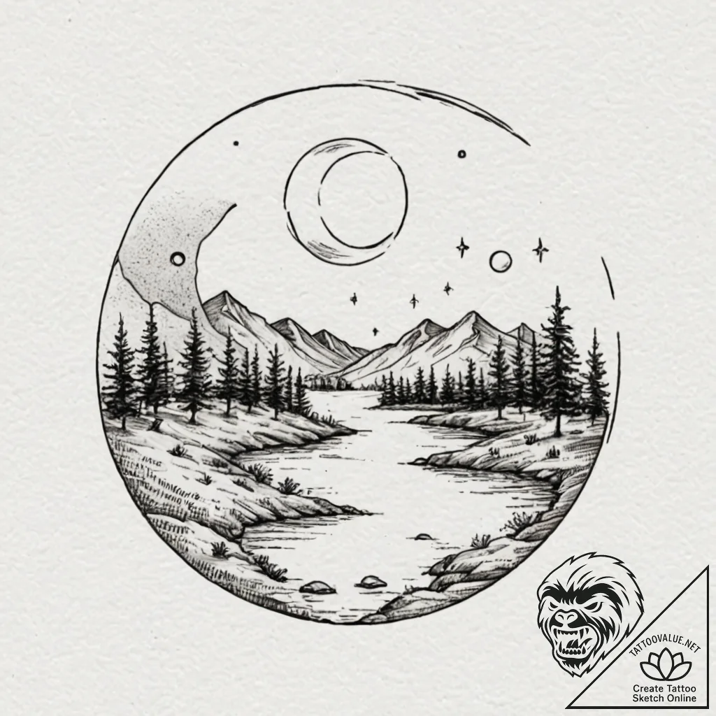 A watercolor sketch of the "moon river" scene... - tattoo sketch (№1752952412_0, 19.07.2025 19:13) — tattoovalue.net