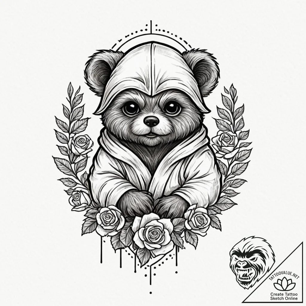 47. neo-traditional tattoo of an ewok, fierce... - tattoo sketch (№1752954271_0, 19.07.2025 19:44) — tattoovalue.net