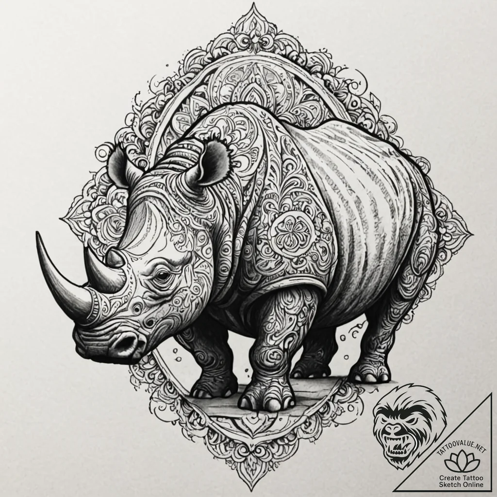 Tattoo design a charging rhinoceros, represen... - tattoo sketch (№1752954440_0, 19.07.2025 19:47) — tattoovalue.net