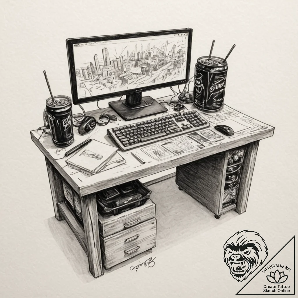 Tattoo sketch a gaming desk with a messy but... - tattoo sketch (№1752954693_0, 19.07.2025 19:51) — tattoovalue.net