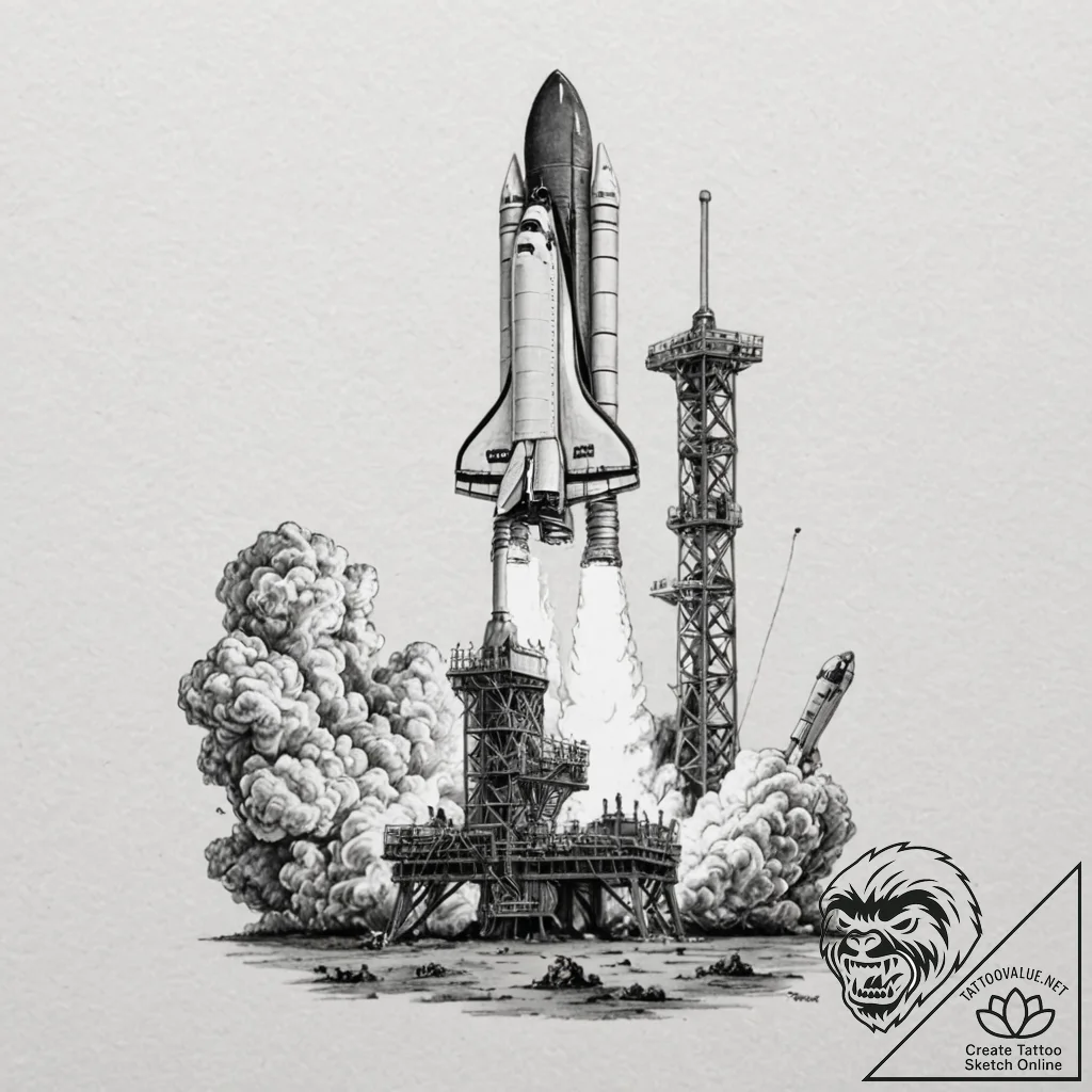 A space shuttle on the launchpad, steam billo... - tattoo sketch (№1752955797_0, 19.07.2025 20:09) — tattoovalue.net