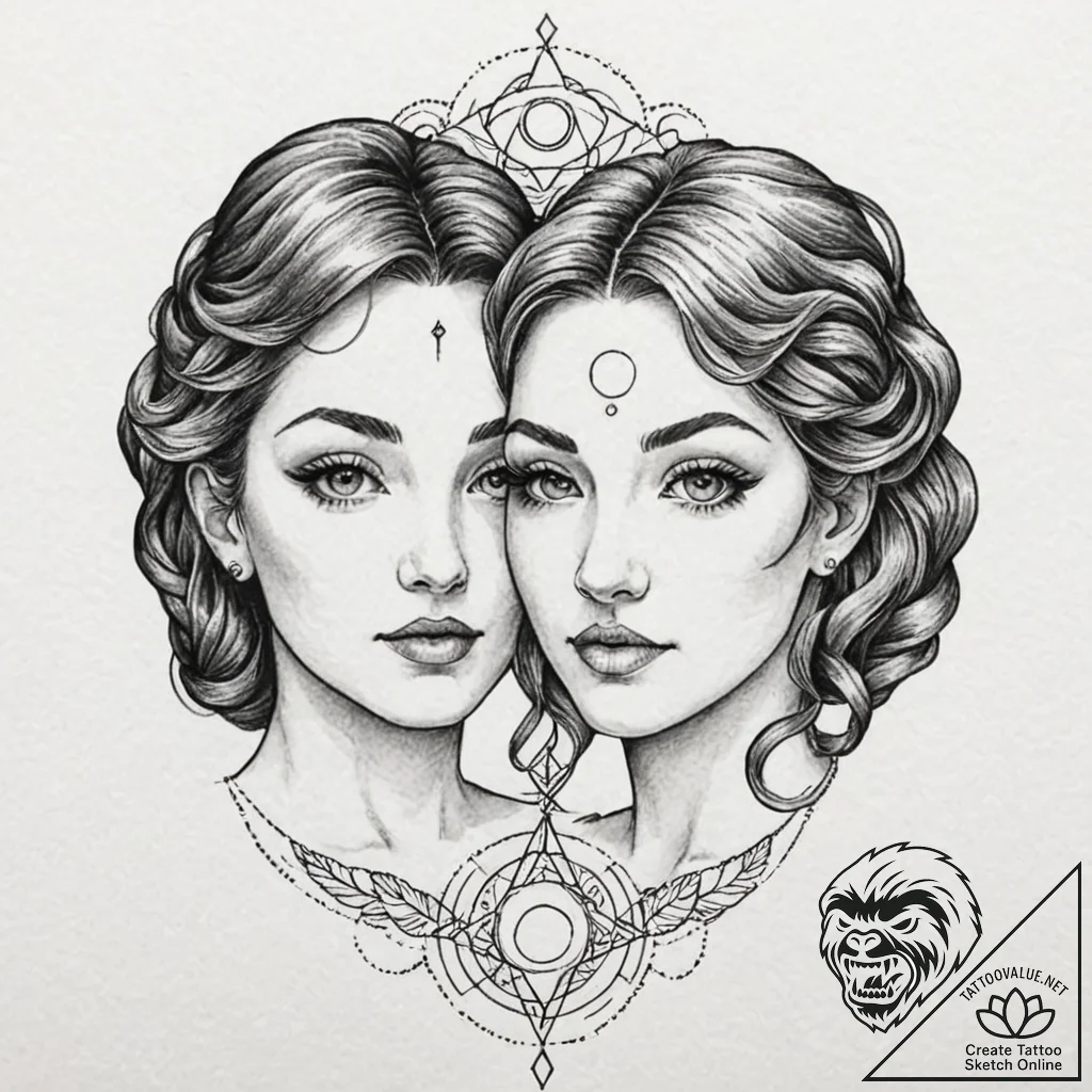 Tattoo sketch gemini faces in detailed dotwor... - tattoo sketch (№1752957320_0, 19.07.2025 20:35) — tattoovalue.net