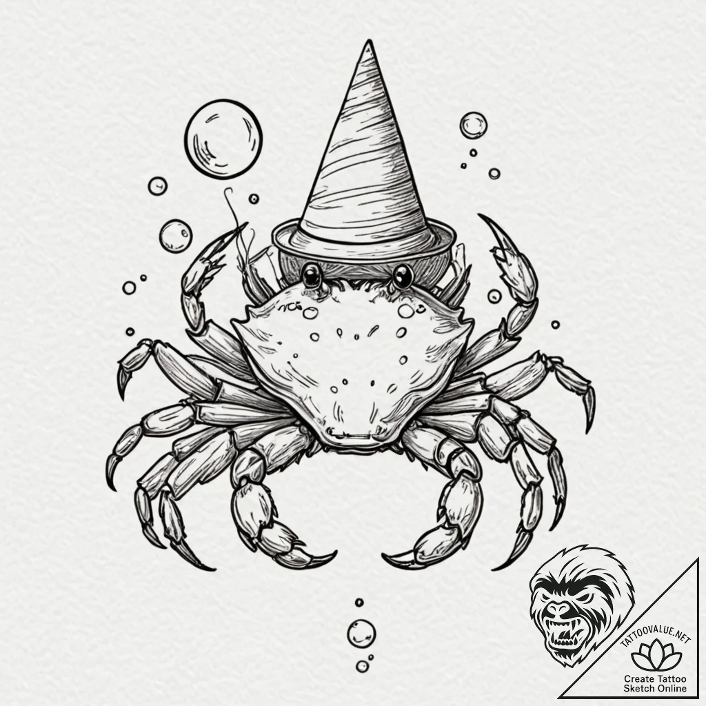 Tattoo design a cancer crab wearing a tiny pa... - tattoo sketch (№1752958918_0, 19.07.2025 21:01) — tattoovalue.net