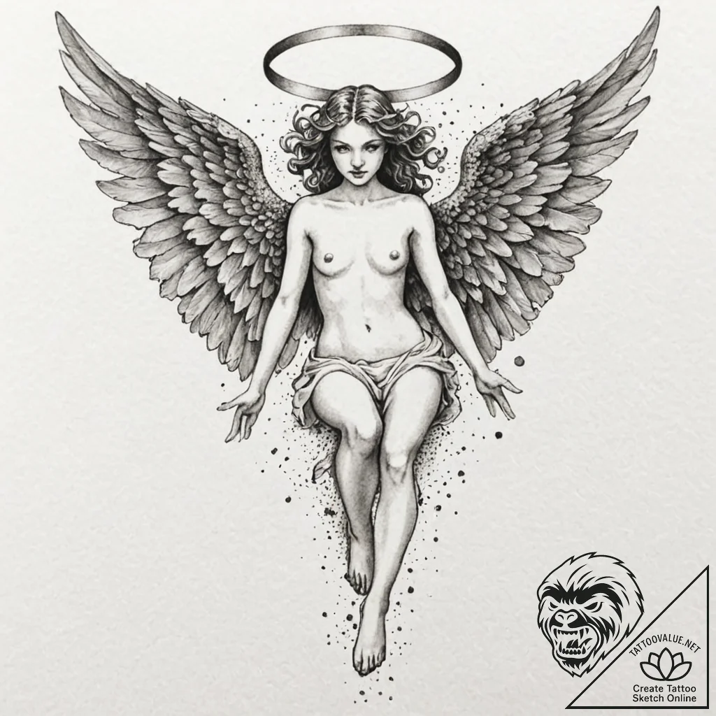 Fallen angel, artistic tattoo sketch, on a cl... - tattoo sketch (№1752959934_0, 19.07.2025 21:18) — tattoovalue.net
