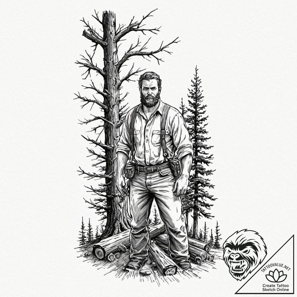 A shot of a lumberjack felling a large tree.,... - tattoo sketch (№1752960357_0, 19.07.2025 21:25) — tattoovalue.net