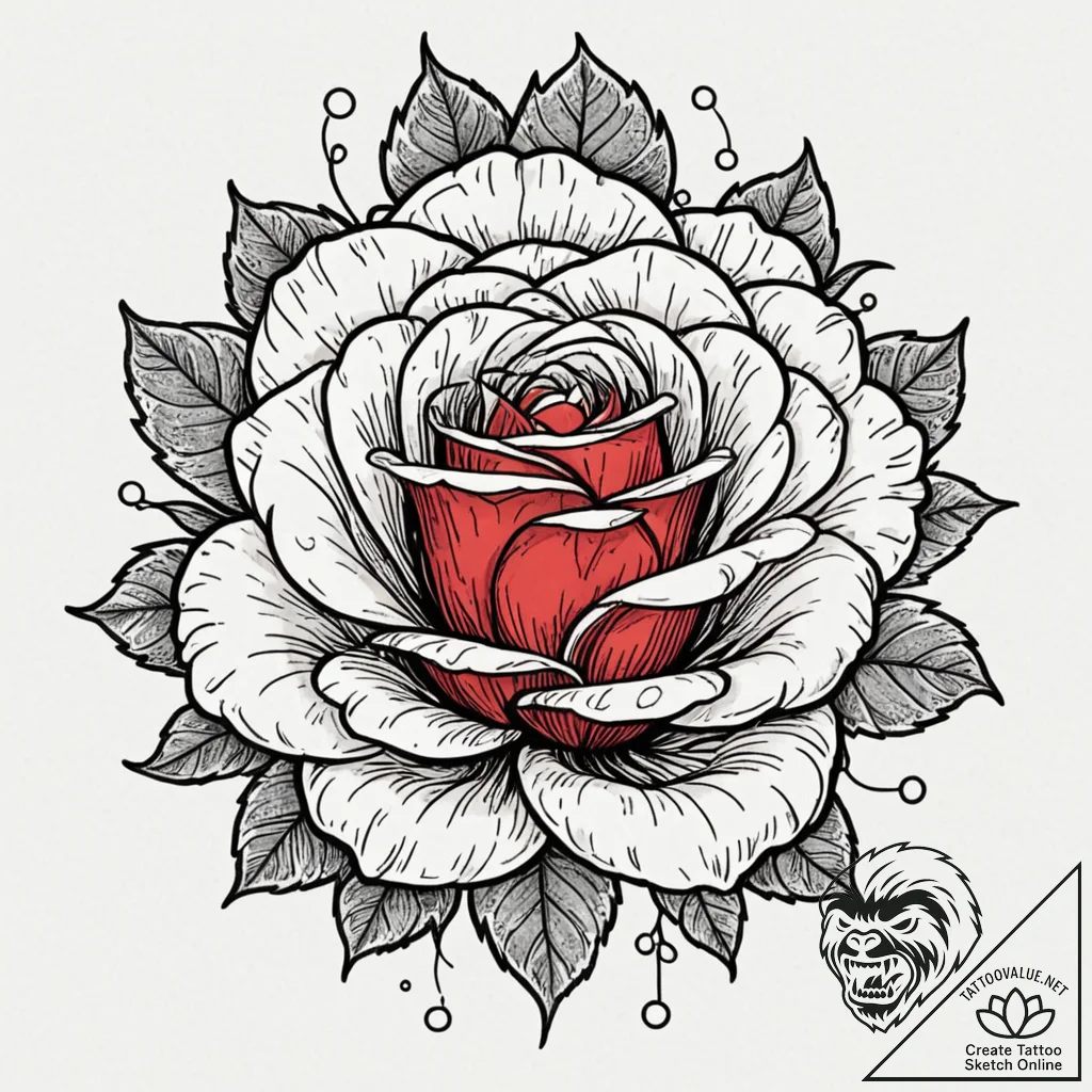 Tattoo design a single, vibrant red rose, ful... - tattoo sketch (№1752960696_0, 19.07.2025 21:31) — tattoovalue.net