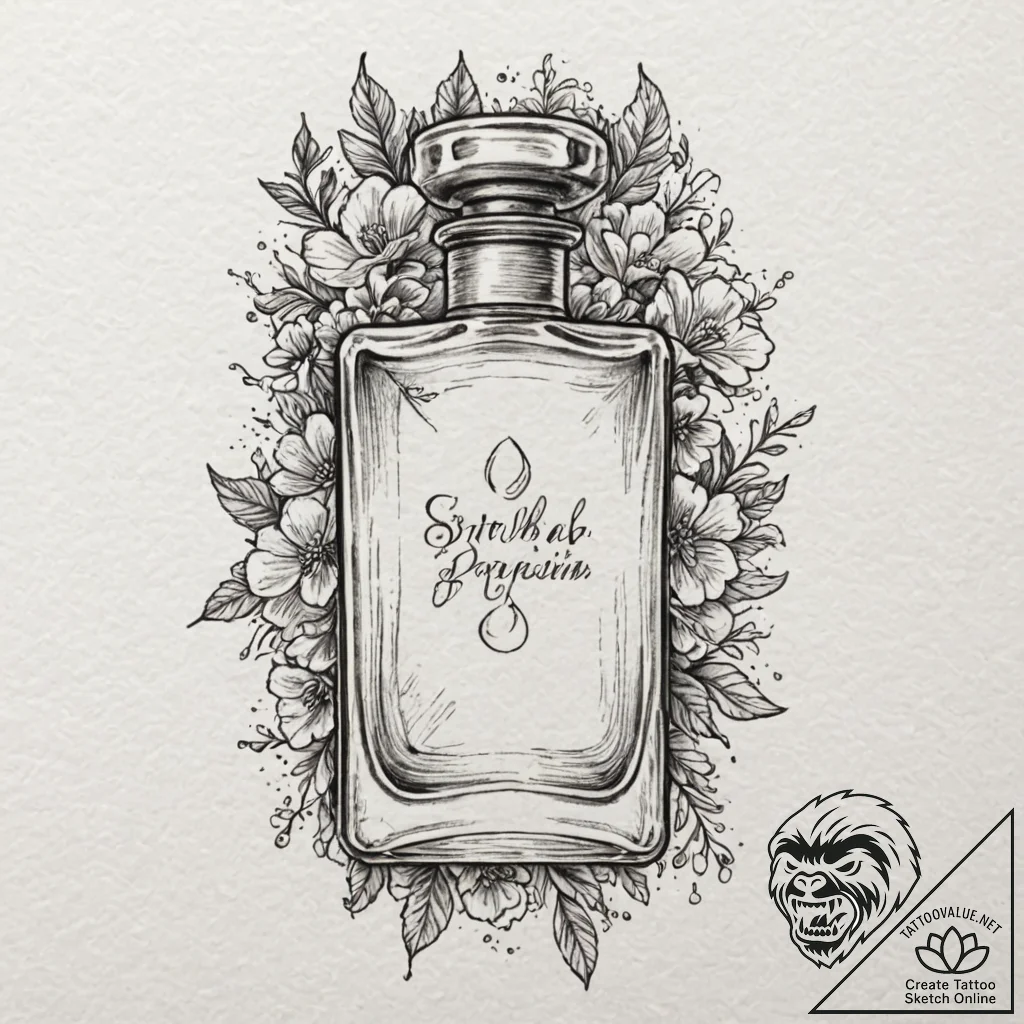 Tattoo design a vintage perfume bottle with a... - tattoo sketch (№1752960781_0, 19.07.2025 21:33) — tattoovalue.net