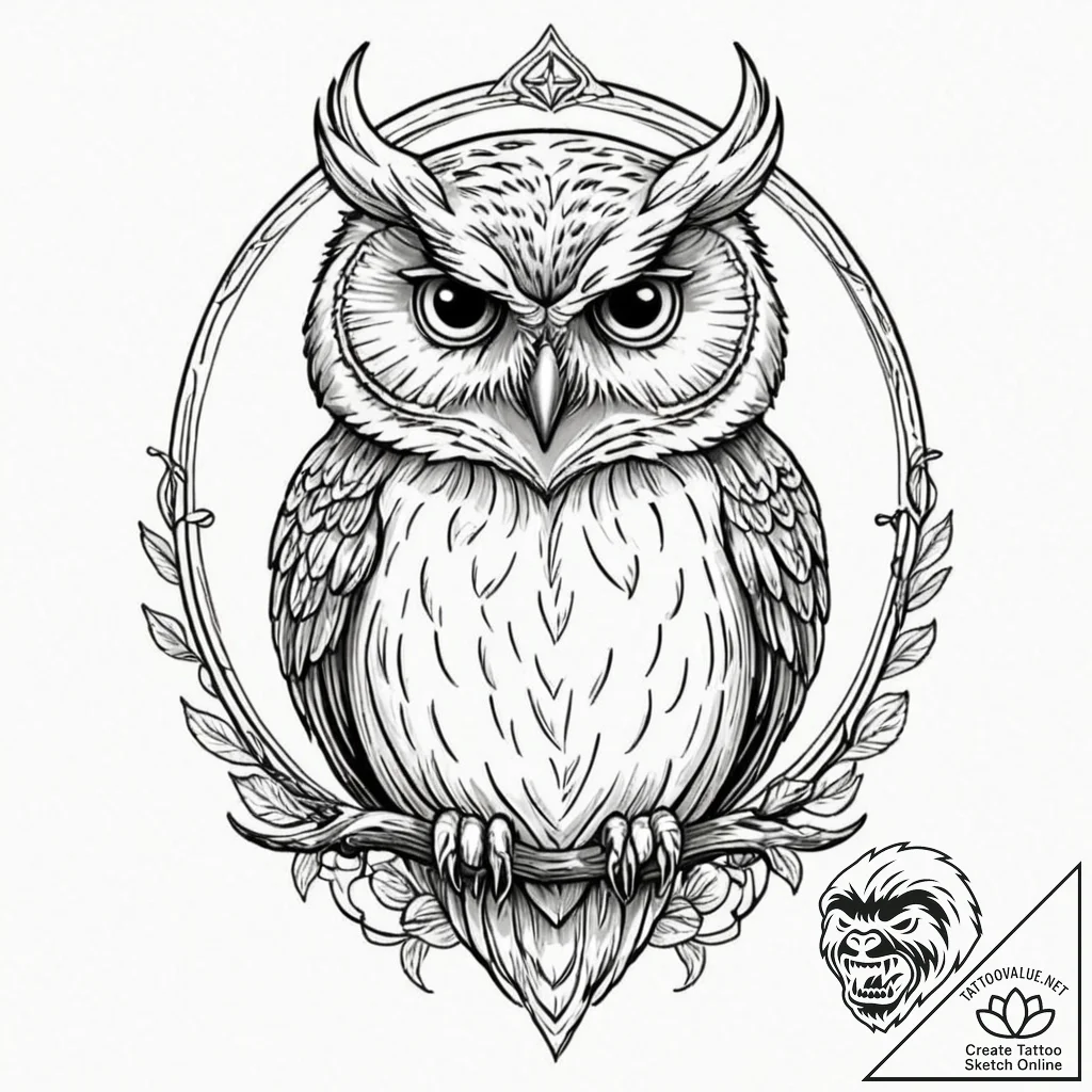 Tattoo design a watchful owl, eyes piercing,... - tattoo sketch (№1752962639_0, 19.07.2025 22:03) — tattoovalue.net