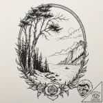 A shot of a line of wind-swept cypress trees… – tattoo sketch (№1752964668_0, 19.07.2025 22:37) — tattoovalue.net