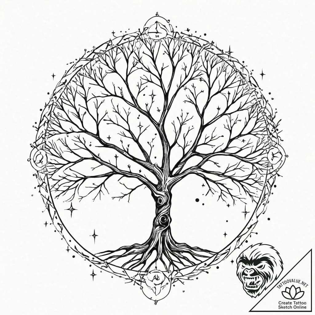 Tattoo sketch a stylized tree where the branc... - tattoo sketch (№1752969811_0, 20.07.2025 00:03) — tattoovalue.net
