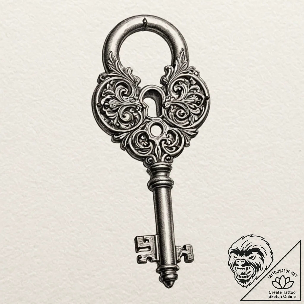 Tattoo design a highly detailed tiny key with... - tattoo sketch (№1752970991_0, 20.07.2025 00:23) — tattoovalue.net