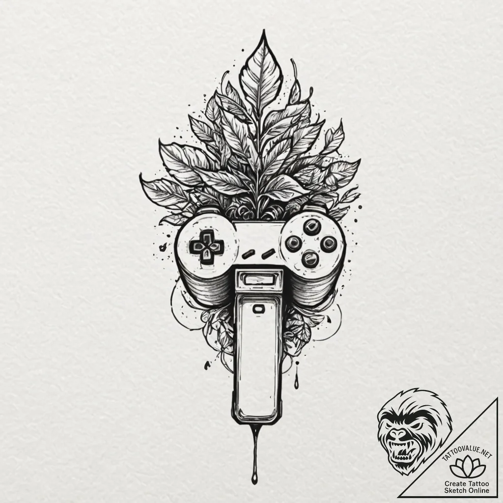 Tattoo design a joystick with a plant growing... - tattoo sketch (№1752973354_0, 20.07.2025 01:02) — tattoovalue.net