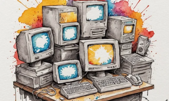 A 1980s office with bulky crt monitors, beige... - tattoo sketch (№1752973692_0, 20.07.2025 01:08) — tattoovalue.net