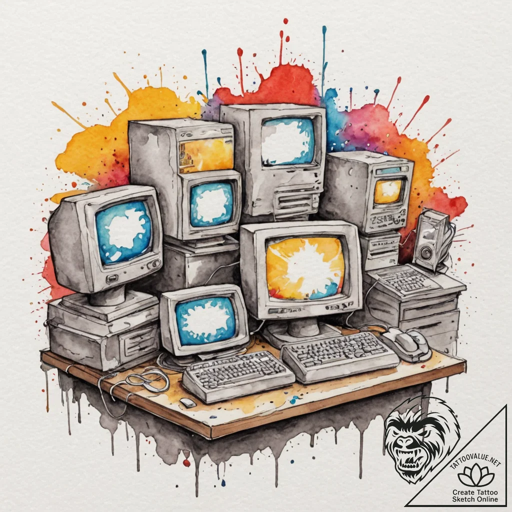 A 1980s office with bulky crt monitors, beige... - tattoo sketch (№1752973692_0, 20.07.2025 01:08) — tattoovalue.net