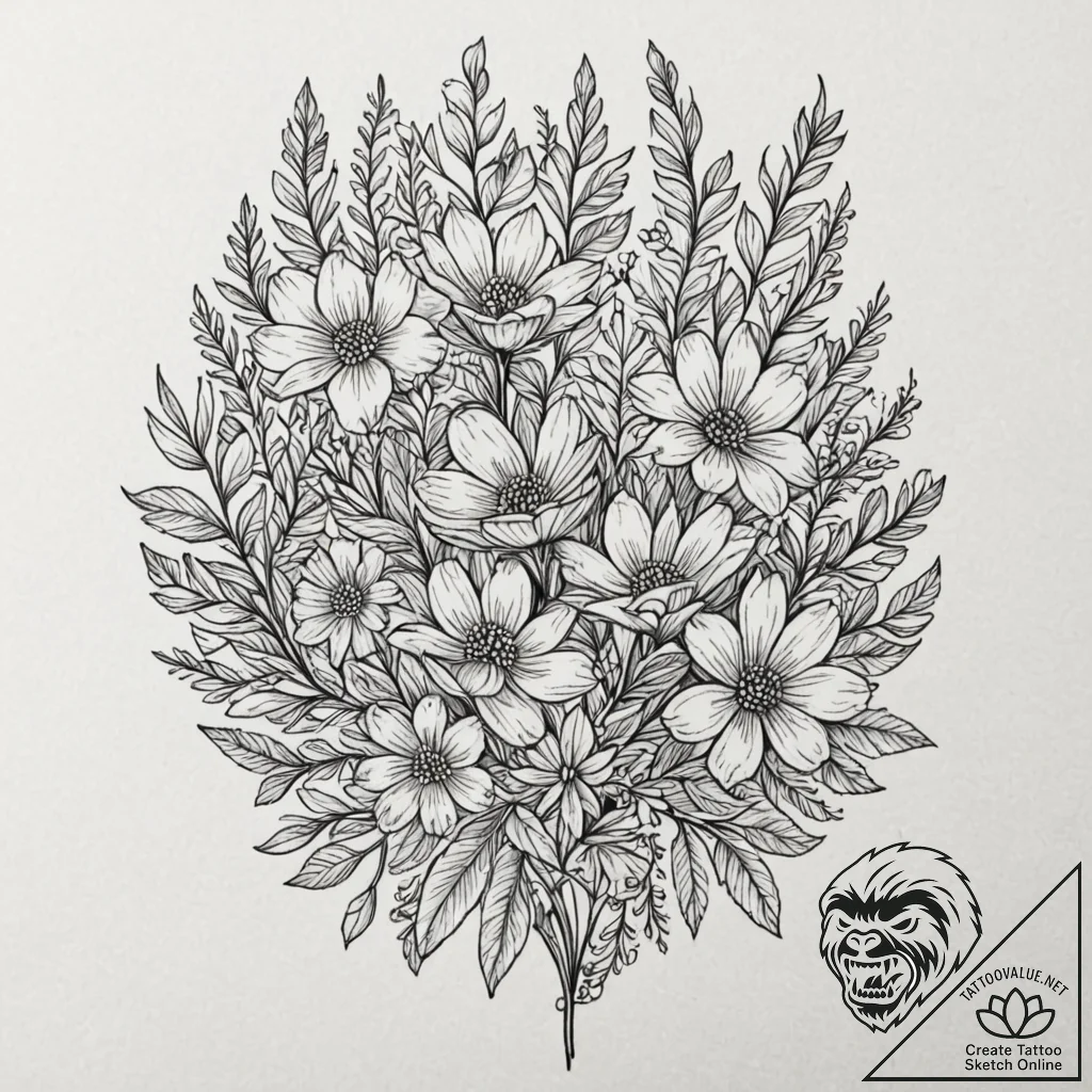 Tattoo design a cluster of wildflowers, each... - tattoo sketch (№1752974372_0, 20.07.2025 01:19) — tattoovalue.net