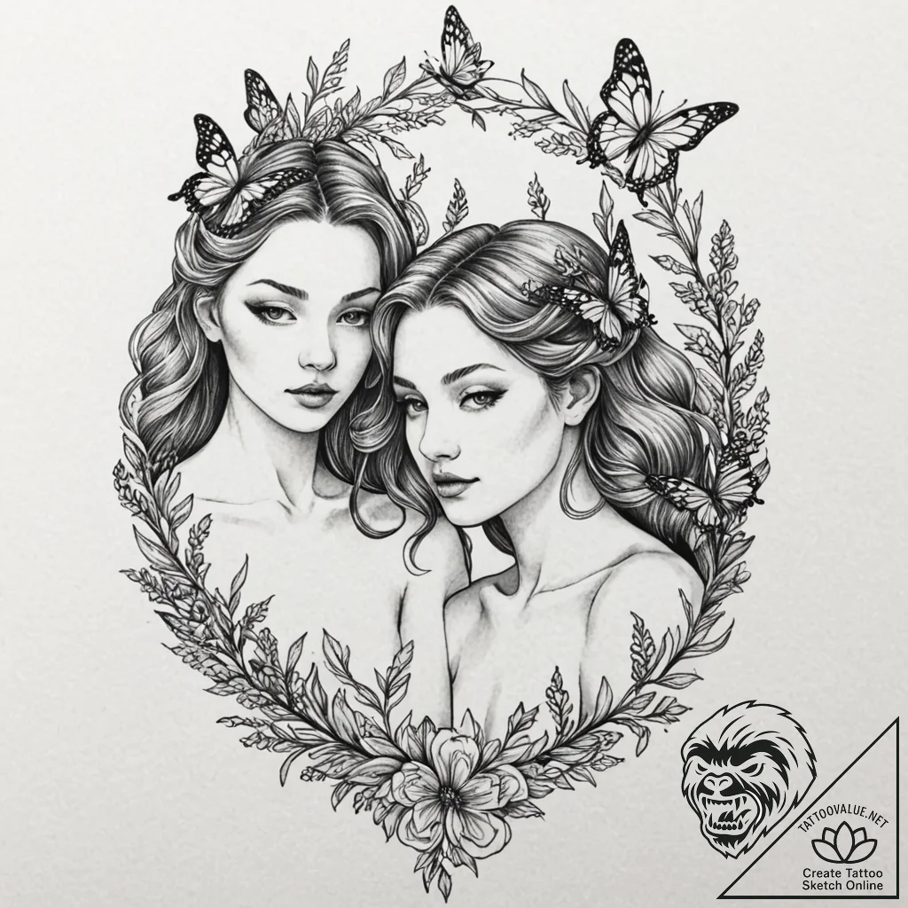 Tattoo sketch gemini twins surrounded by flow... - tattoo sketch (№1752974536_0, 20.07.2025 01:22) — tattoovalue.net