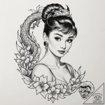 A neo-traditional tattoo of audrey hepburn as… – tattoo sketch (№1752974705_0, 20.07.2025 01:25) — tattoovalue.net