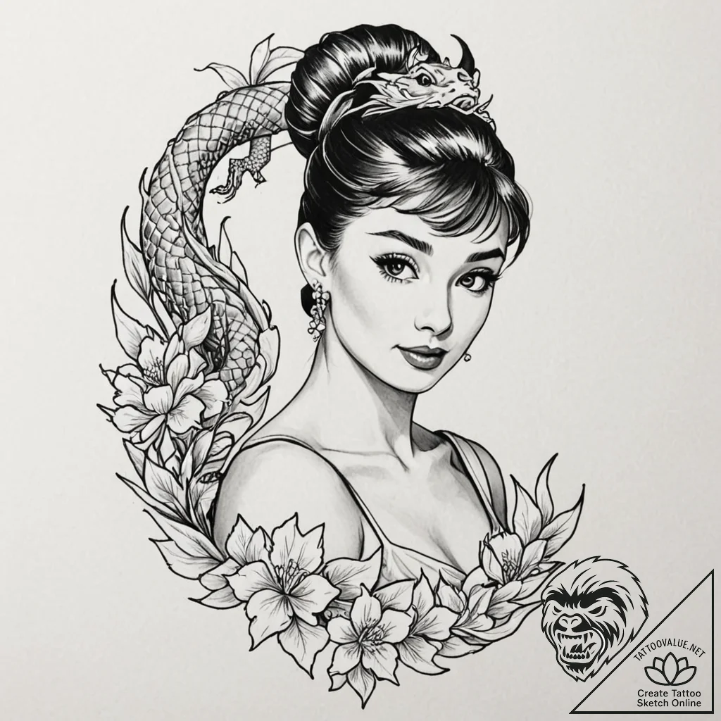 A neo-traditional tattoo of audrey hepburn as... - tattoo sketch (№1752974705_0, 20.07.2025 01:25) — tattoovalue.net