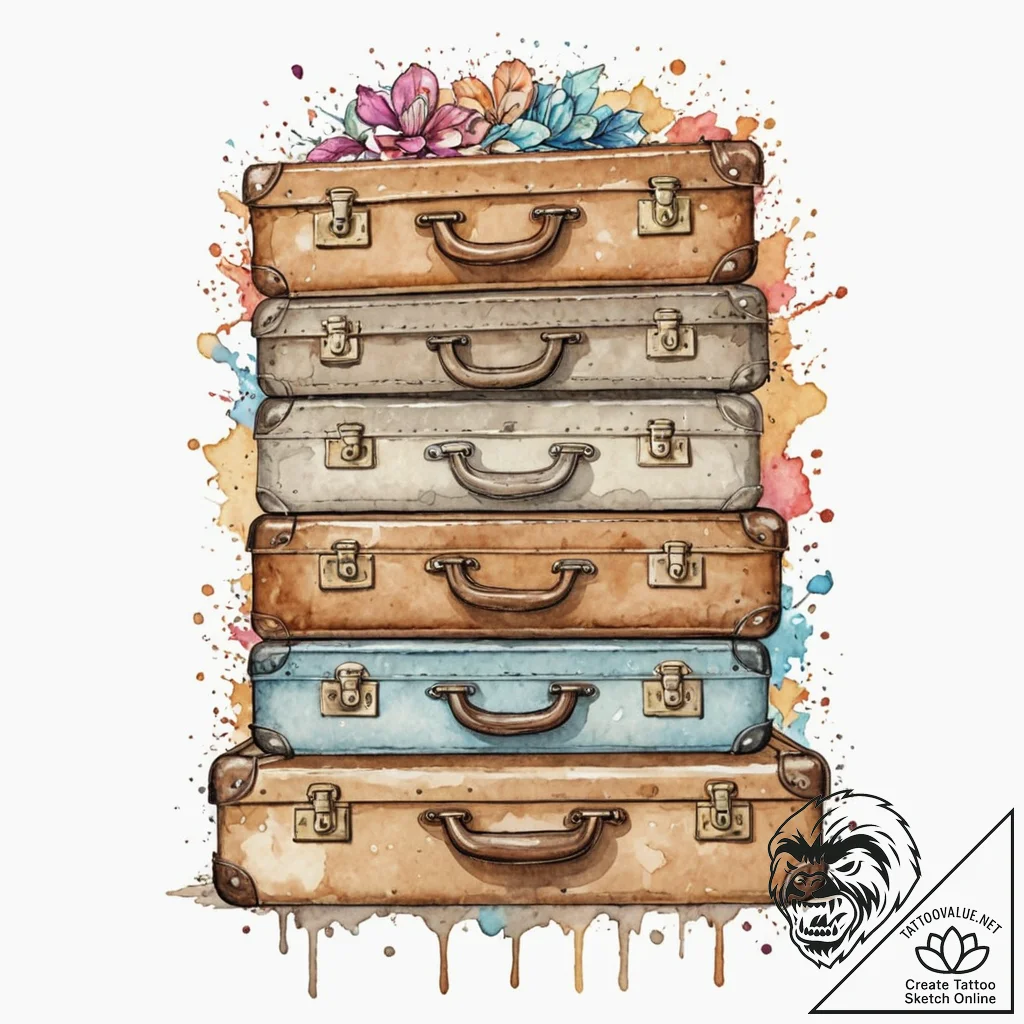 A stack of old, vintage suitcases., tattoo fl... - tattoo sketch (№1752975294_0, 20.07.2025 01:34) — tattoovalue.net